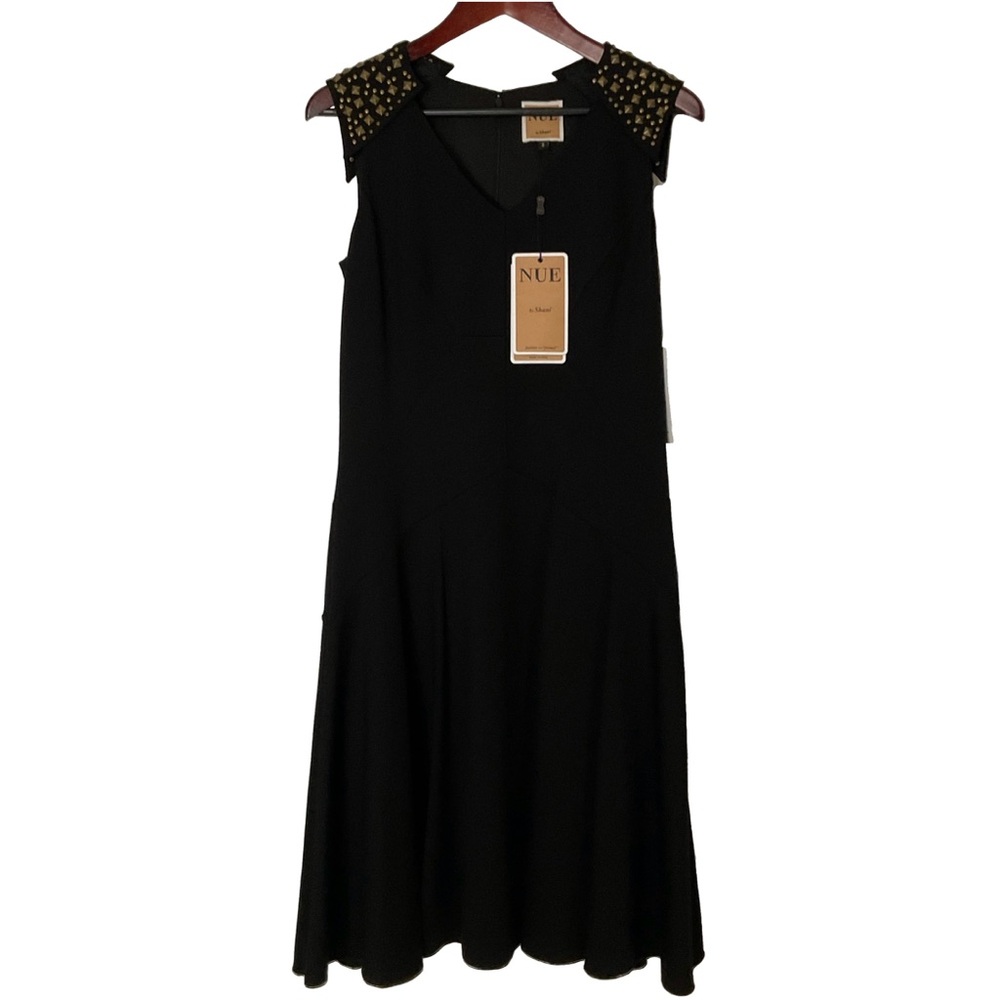 NUE by Shani Black Sleeveless A-Line Midi Dress; Studded Shoulder Gems; Size 8.